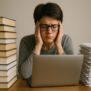  Femme assise à son bureau, stressée et fatiguée, symbolisant l’impact du stress sur la performance et le bien-être. 