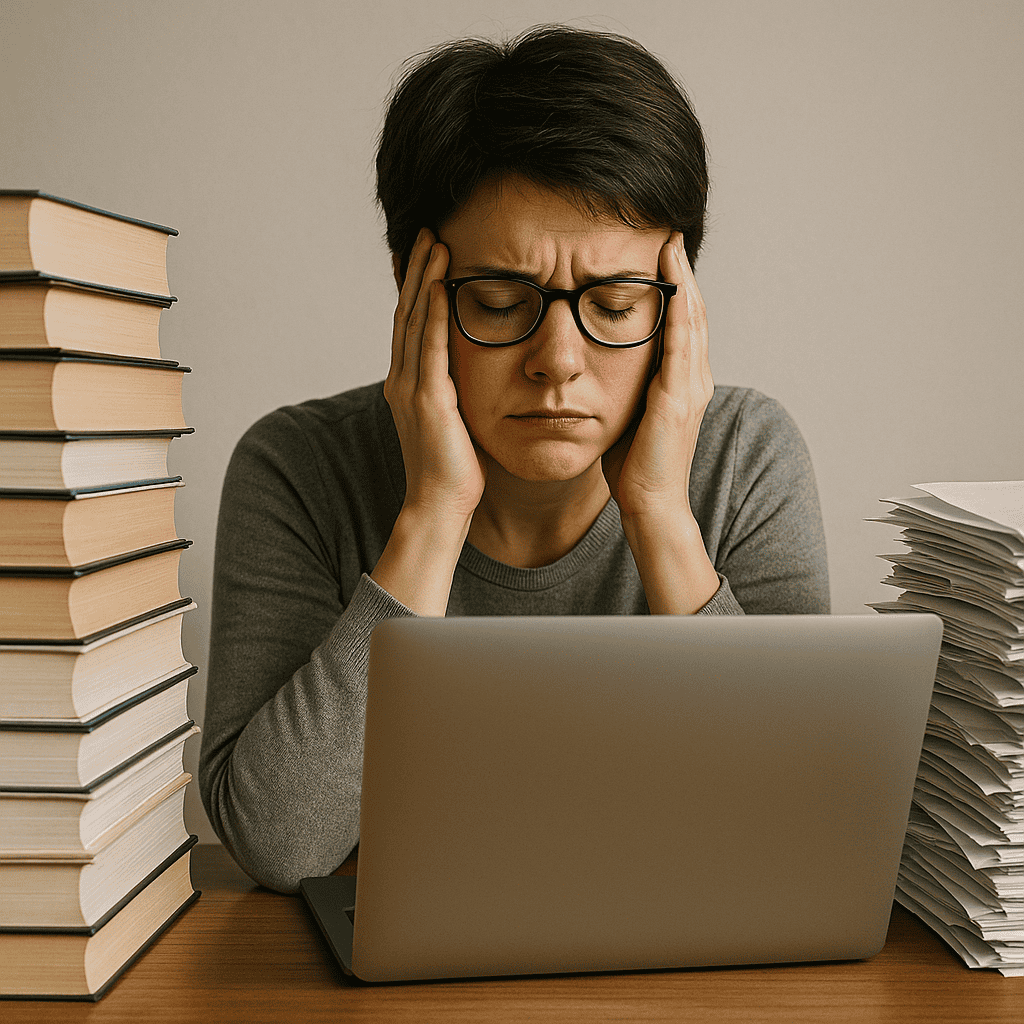 Stress et performance Femme assise à son bureau, stressée et fatiguée, symbolisant l’impact du stress sur la performance et le bien-être.
